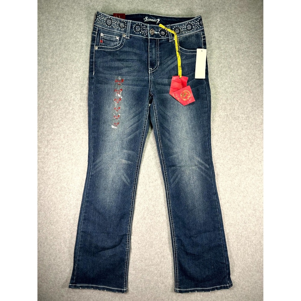 Seven7 Bootcut Jeans Womens 12 Blue Denim Cotton Mid Rise Rhinestone Embellished